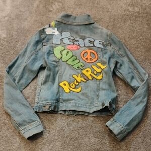 Gadzooks Y2K Distressed Denim Jacket Embroidered Peace Love Rock And Roll